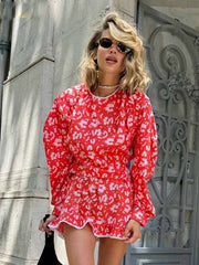 Vintage Classic Lace Spliced O-Neck Long Sleeve Slim Print Mini Dress