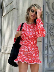 Vintage Classic Lace Spliced O-Neck Long Sleeve Slim Print Mini Dress