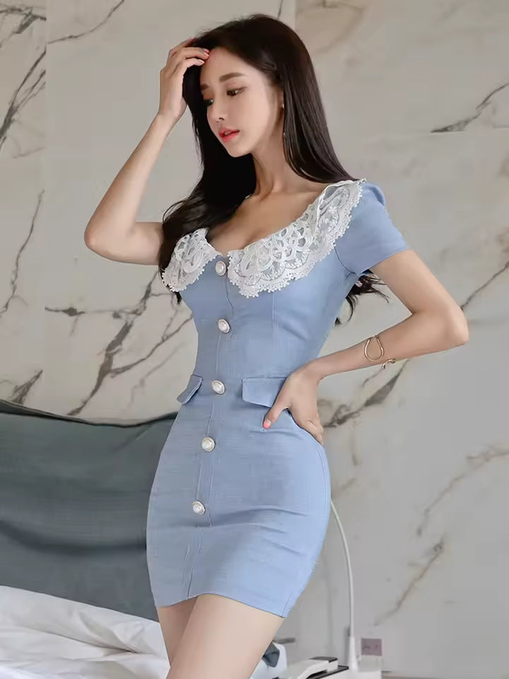 Vintage Elegant Office Sweet Turn-down Collar Slim Mini Vestidos Street Pencil Short Dress