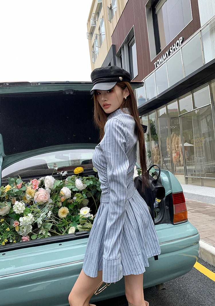 Vintage Elegant Striped Long Sleeve Pleated Mini Dress Party Short Dresses