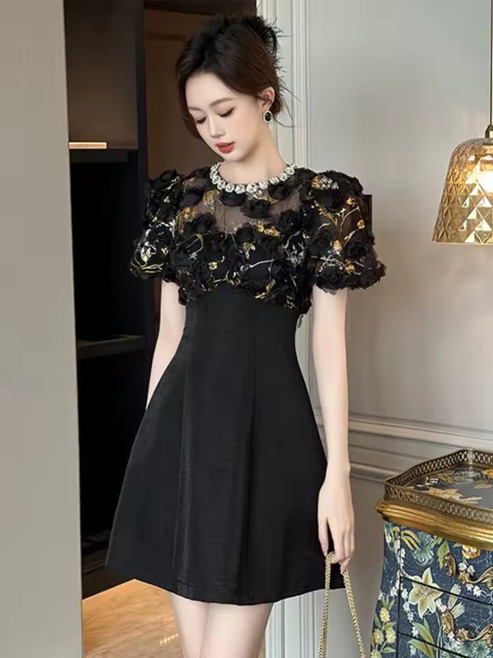 Vintage Elegant Sweet Sheer Mesh Diamonds Flowers Swing Short Ball Gown