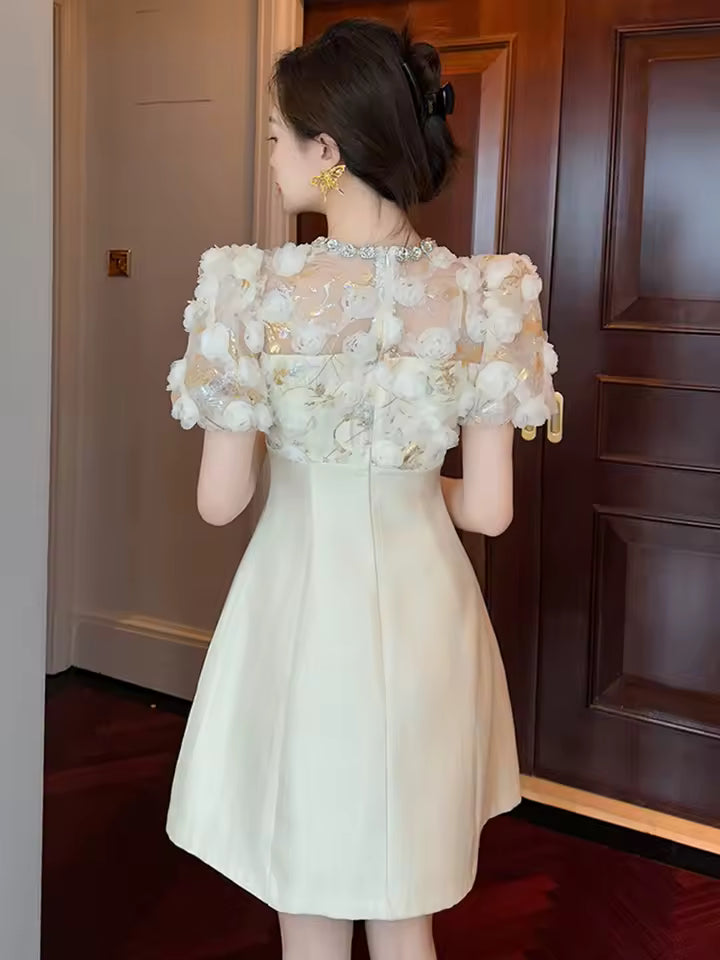 Vintage Elegant Sweet Sheer Mesh Diamonds Flowers Swing Short Ball Gown