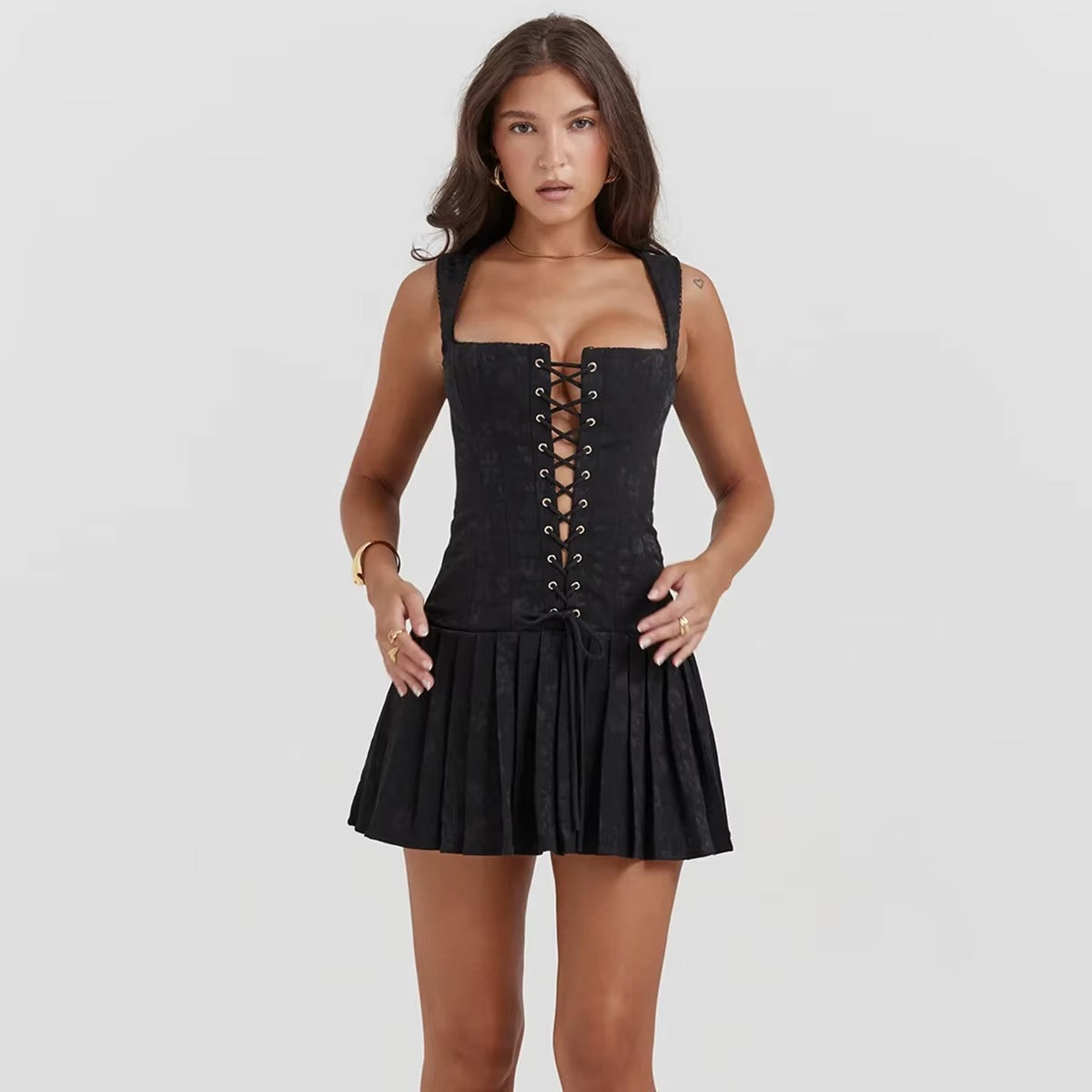 Vintage Embroidery A Line Pleated Lace Up Birthday Party Mini Dress