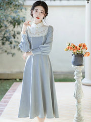 Vintage Embroidery Floral Lantern Sleeve Midi Dress