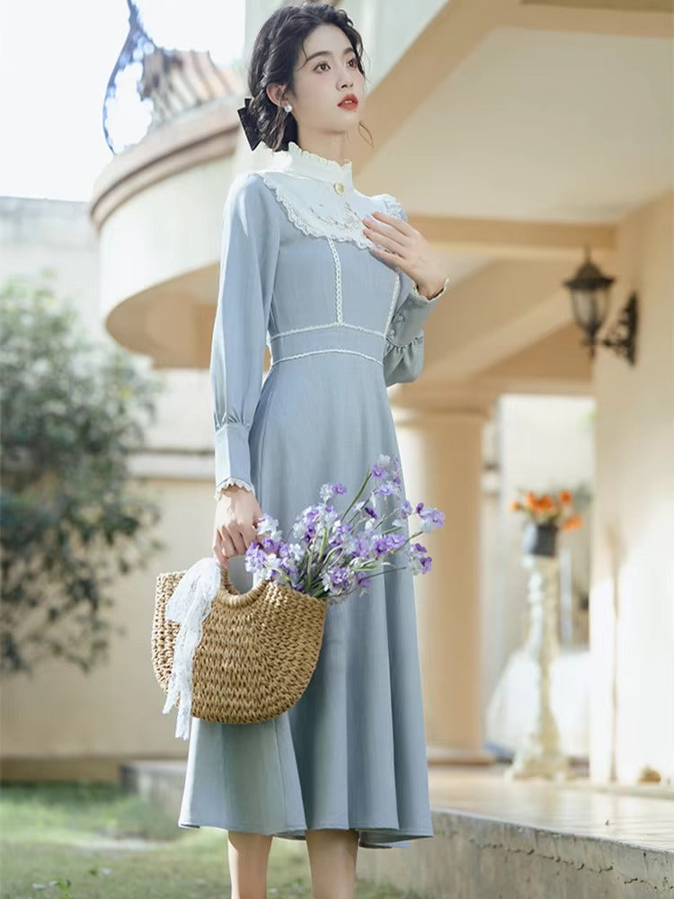 Vintage Embroidery Floral Lantern Sleeve Midi Dress
