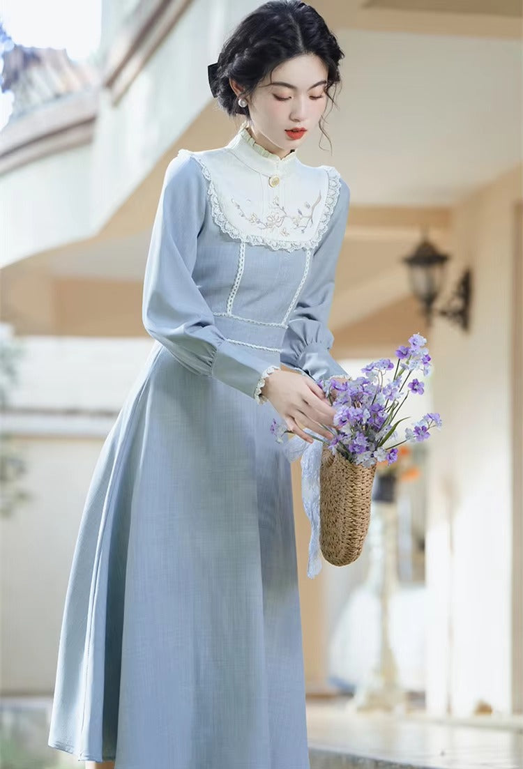 Vintage Embroidery Floral Lantern Sleeve Midi Dress