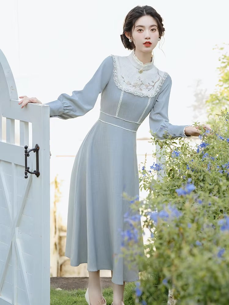 Vintage Embroidery Floral Lantern Sleeve Midi Dress