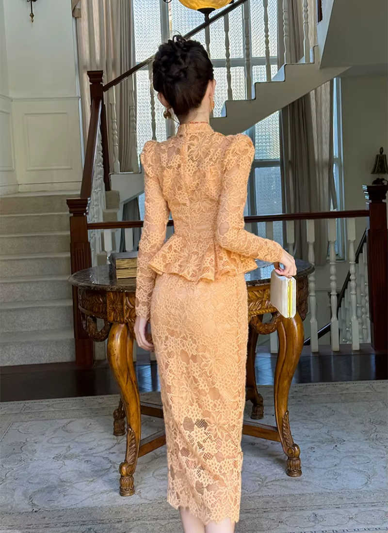 Vintage Lace Elegant Sweet Chic Sheer Slim Long Robe Dresses