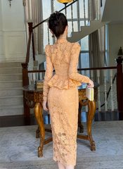 Vintage Lace Elegant Sweet Chic Sheer Slim Long Robe Dresses