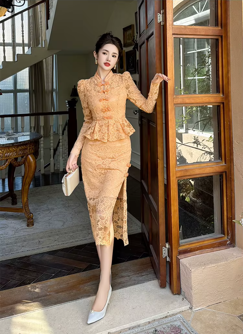 Vintage Lace Elegant Sweet Chic Sheer Slim Long Robe Dresses