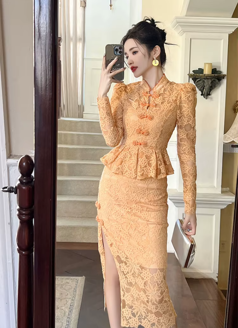 Vintage Lace Elegant Sweet Chic Sheer Slim Long Robe Dresses