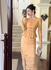 Vintage Lace Elegant Sweet Chic Sheer Slim Long Robe Dresses