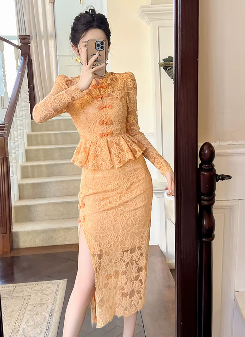 Vintage Lace Elegant Sweet Chic Sheer Slim Long Robe Dresses