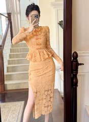 Vintage Lace Elegant Sweet Chic Sheer Slim Long Robe Dresses