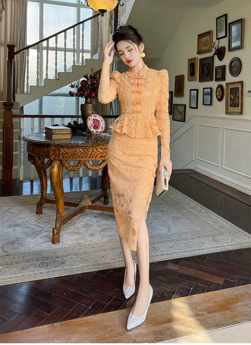 Vintage Lace Elegant Sweet Chic Sheer Slim Long Robe Dresses
