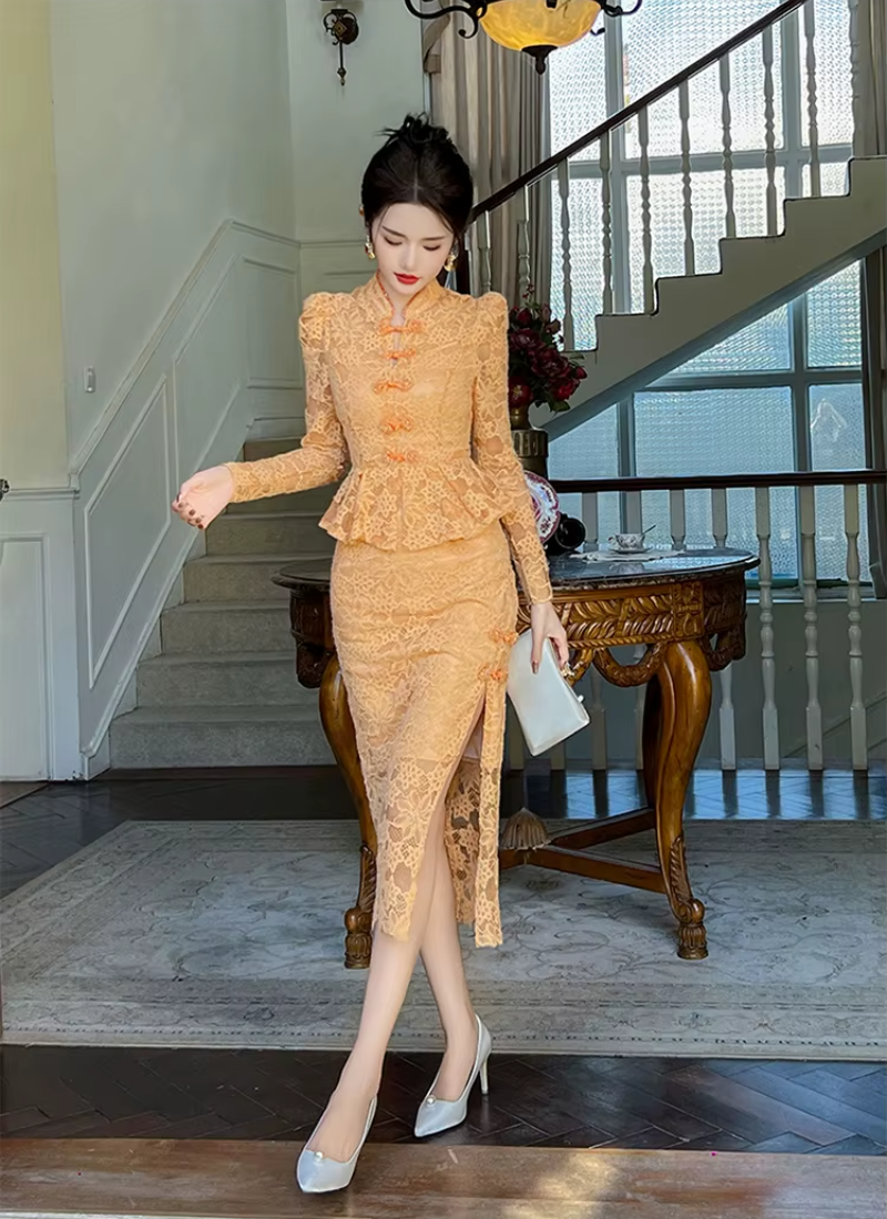 Vintage Lace Elegant Sweet Chic Sheer Slim Long Robe Dresses