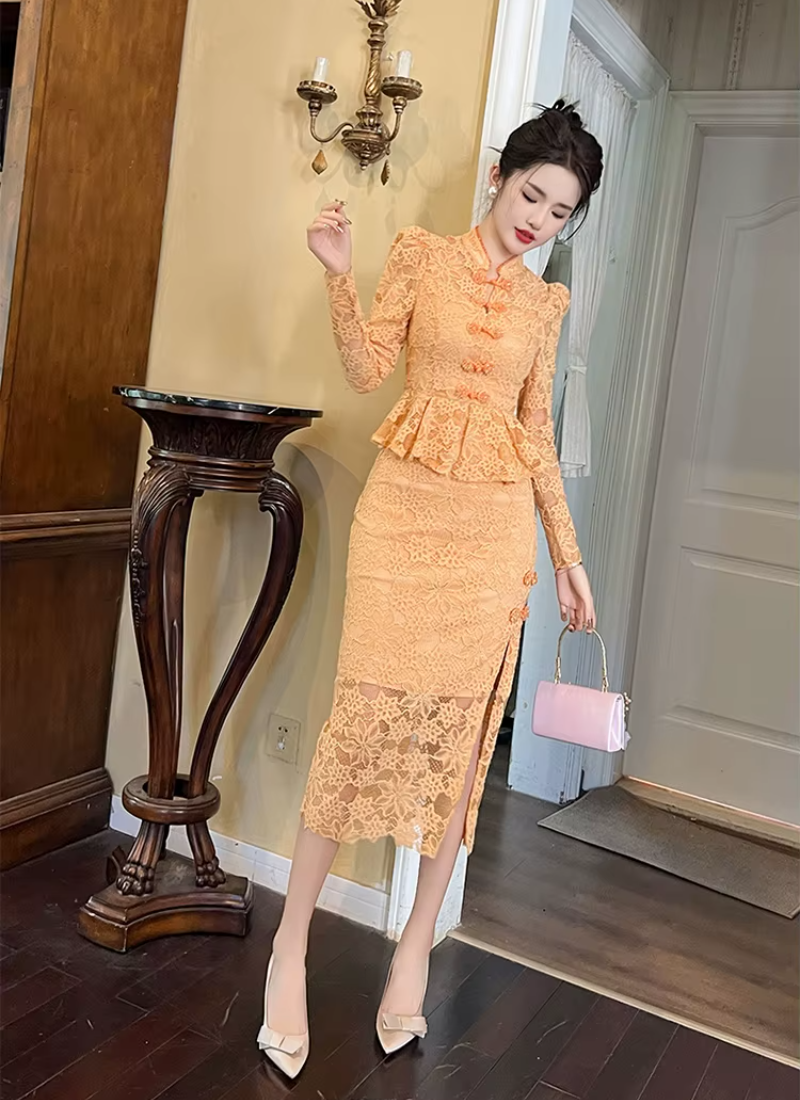 Vintage Lace Elegant Sweet Chic Sheer Slim Long Robe Dresses