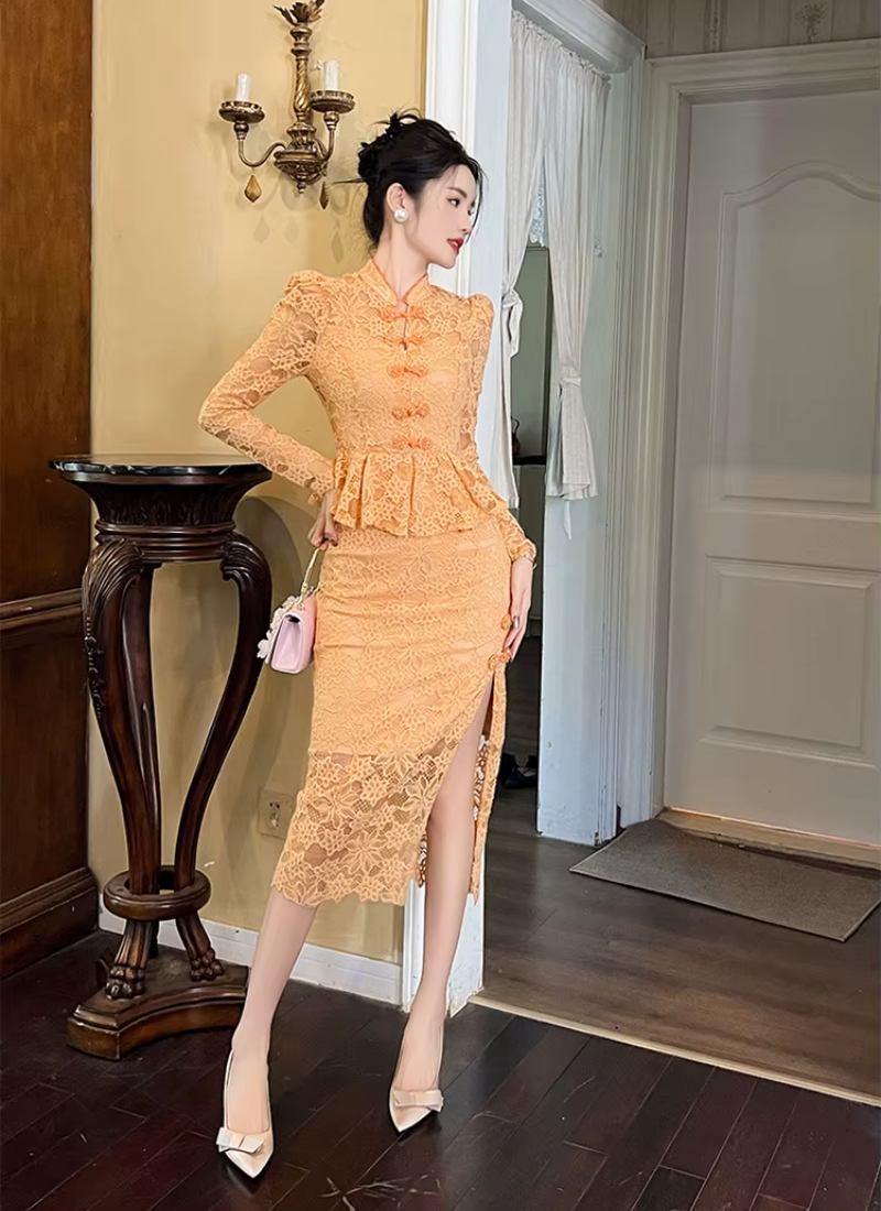 Vintage Lace Elegant Sweet Chic Sheer Slim Long Robe Dresses