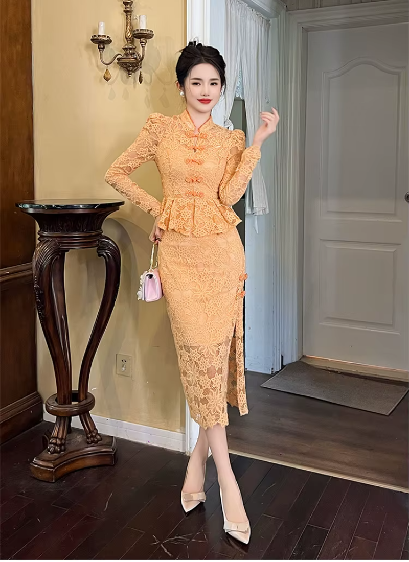 Vintage Lace Elegant Sweet Chic Sheer Slim Long Robe Dresses