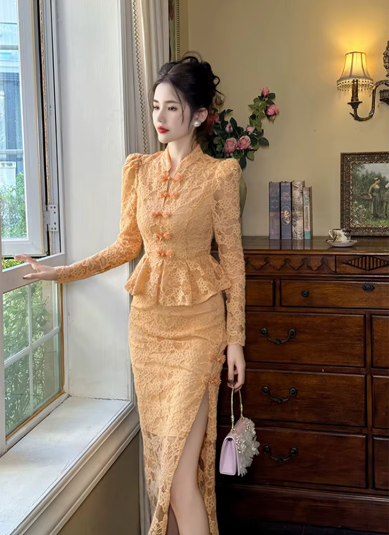 Vintage Lace Elegant Sweet Chic Sheer Slim Long Robe Dresses