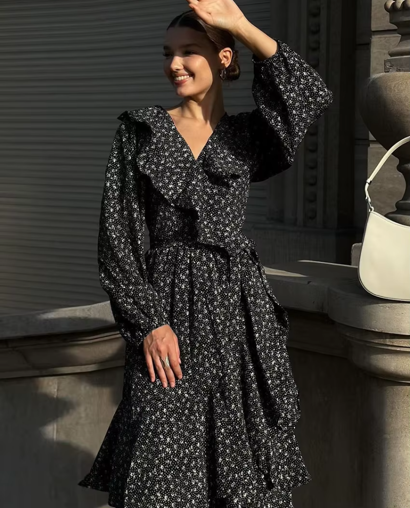 Vintage Loose Print V-Neck Long Sleeve Classic Ruffle Midi Dresses