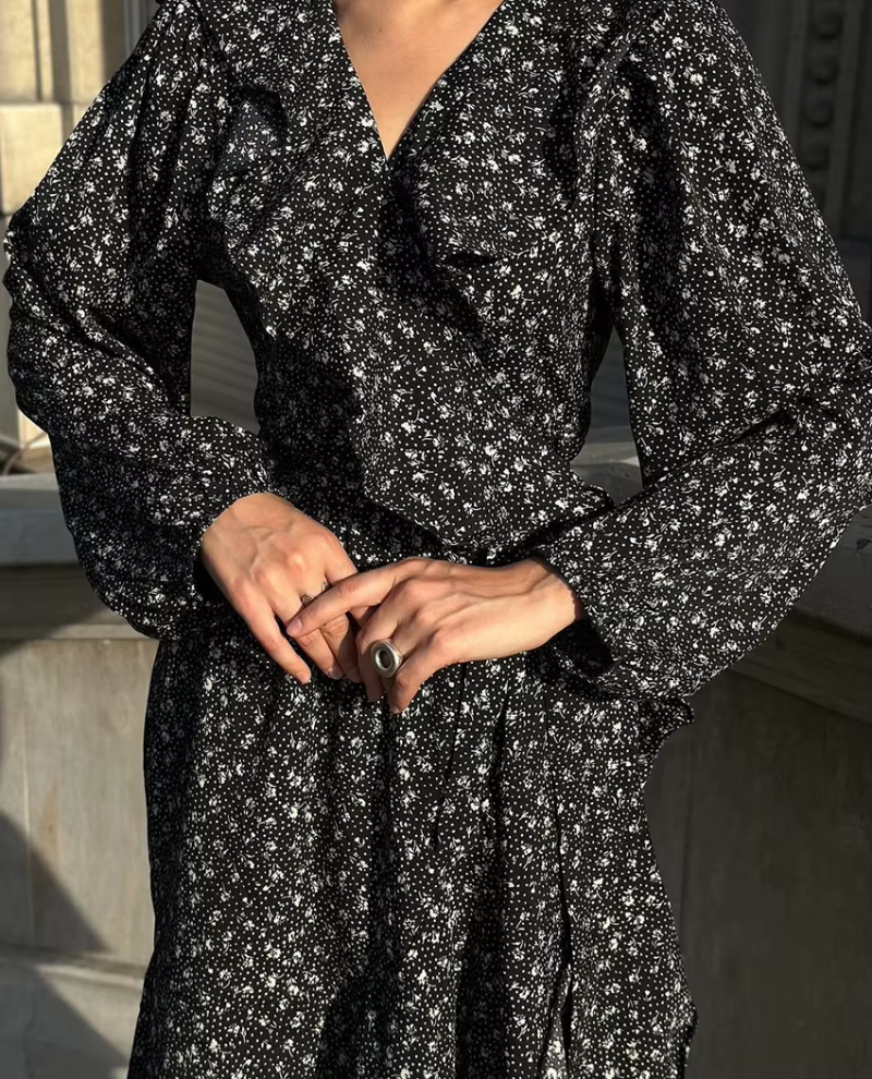 Vintage Loose Print V-Neck Long Sleeve Classic Ruffle Midi Dresses