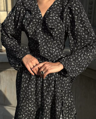Vintage Loose Print V-Neck Long Sleeve Classic Ruffle Midi Dresses