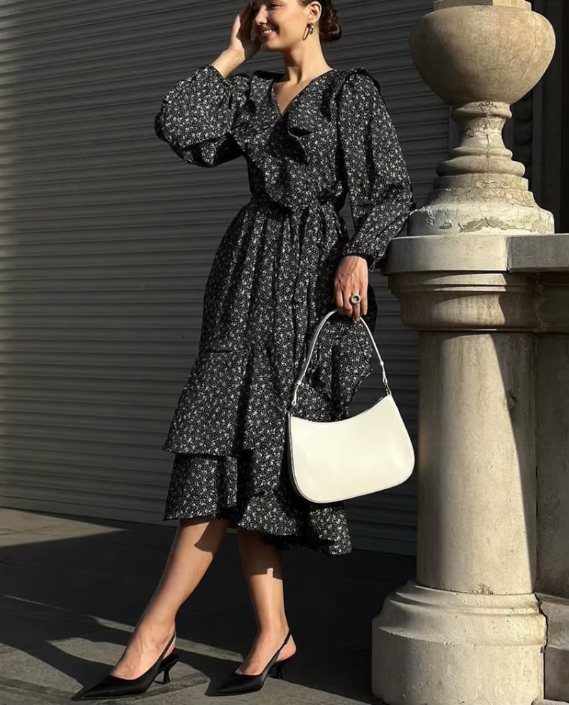 Vintage Loose Print V-Neck Long Sleeve Classic Ruffle Midi Dresses