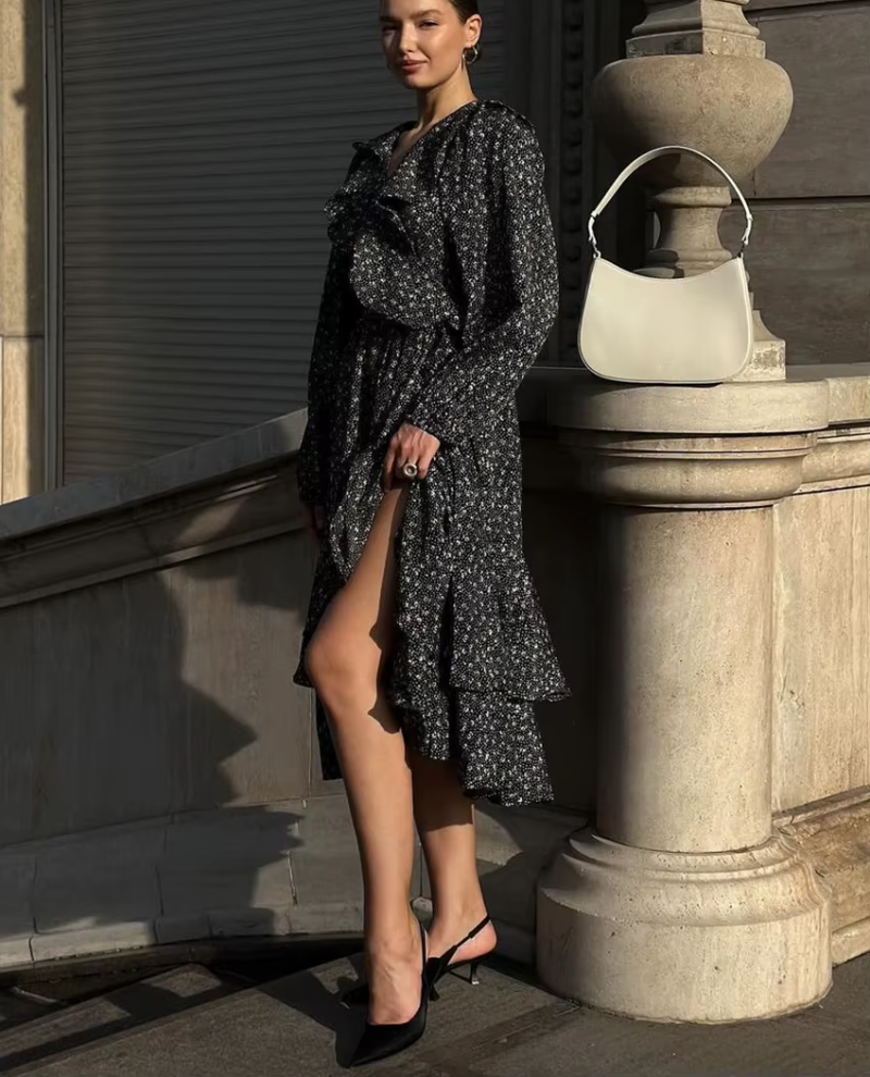 Vintage Loose Print V-Neck Long Sleeve Classic Ruffle Midi Dresses