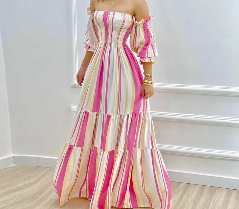 Vintage Off Shoulder Stripped Lantern Sleeves Folds Maxi Dress