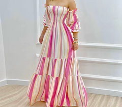Vintage Off Shoulder Stripped Lantern Sleeves Folds Maxi Dress