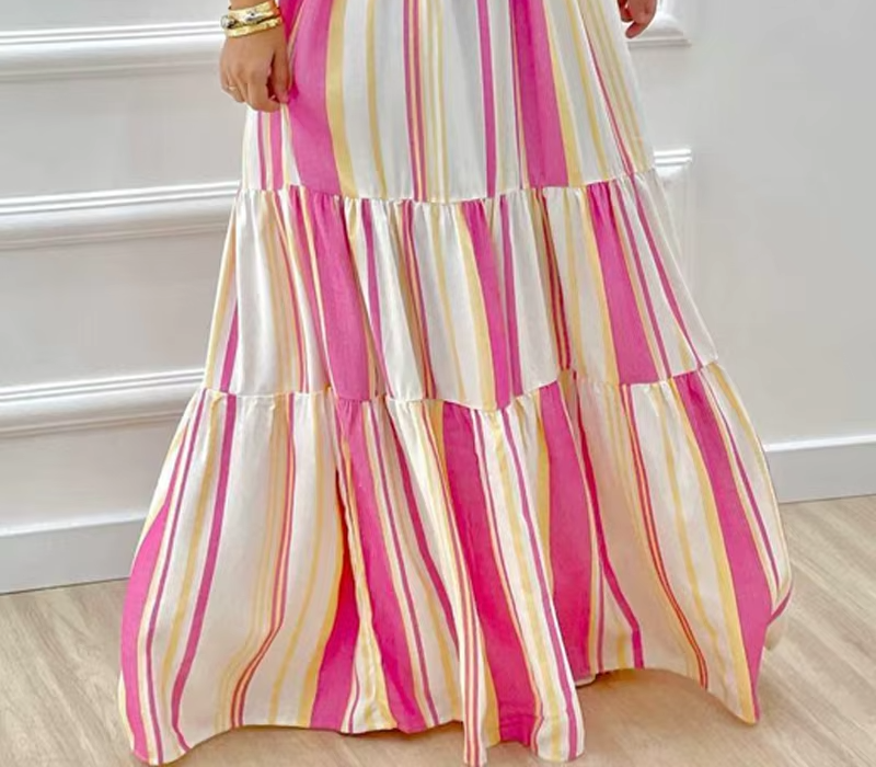 Vintage Off Shoulder Stripped Lantern Sleeves Folds Maxi Dress