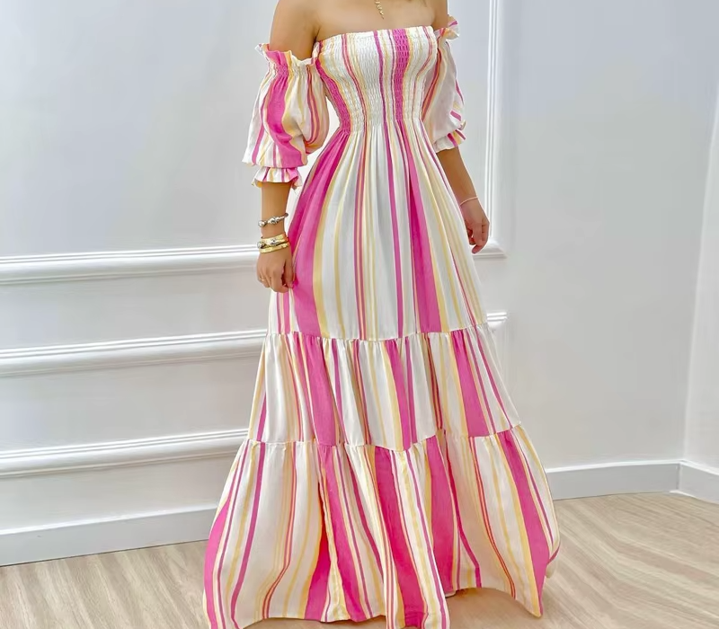 Vintage Off Shoulder Stripped Lantern Sleeves Folds Maxi Dress