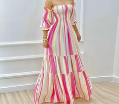 Vintage Off Shoulder Stripped Lantern Sleeves Folds Maxi Dress
