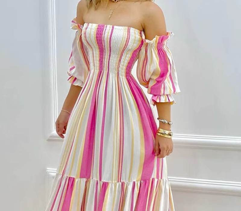 Vintage Off Shoulder Stripped Lantern Sleeves Folds Maxi Dress