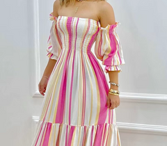 Vintage Off Shoulder Stripped Lantern Sleeves Folds Maxi Dress