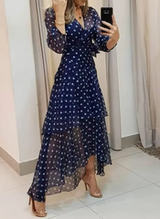 Vintage Polkadot V-Neck Layered Ruffles Maxi Dress