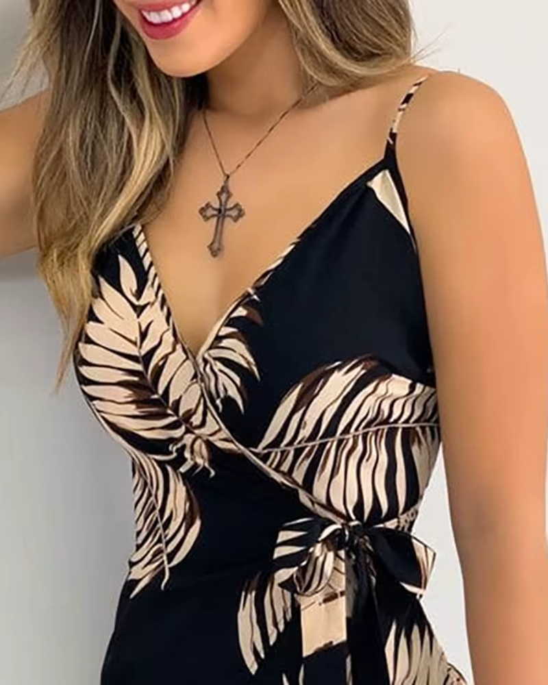 Vintage Tropical Print V-Neck Wrap Casual Sleeveless Holiday Mini Dress