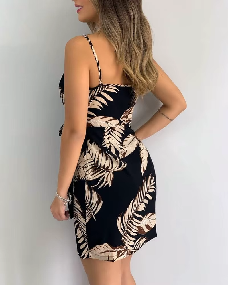 Vintage Tropical Print V-Neck Wrap Casual Sleeveless Holiday Mini Dress