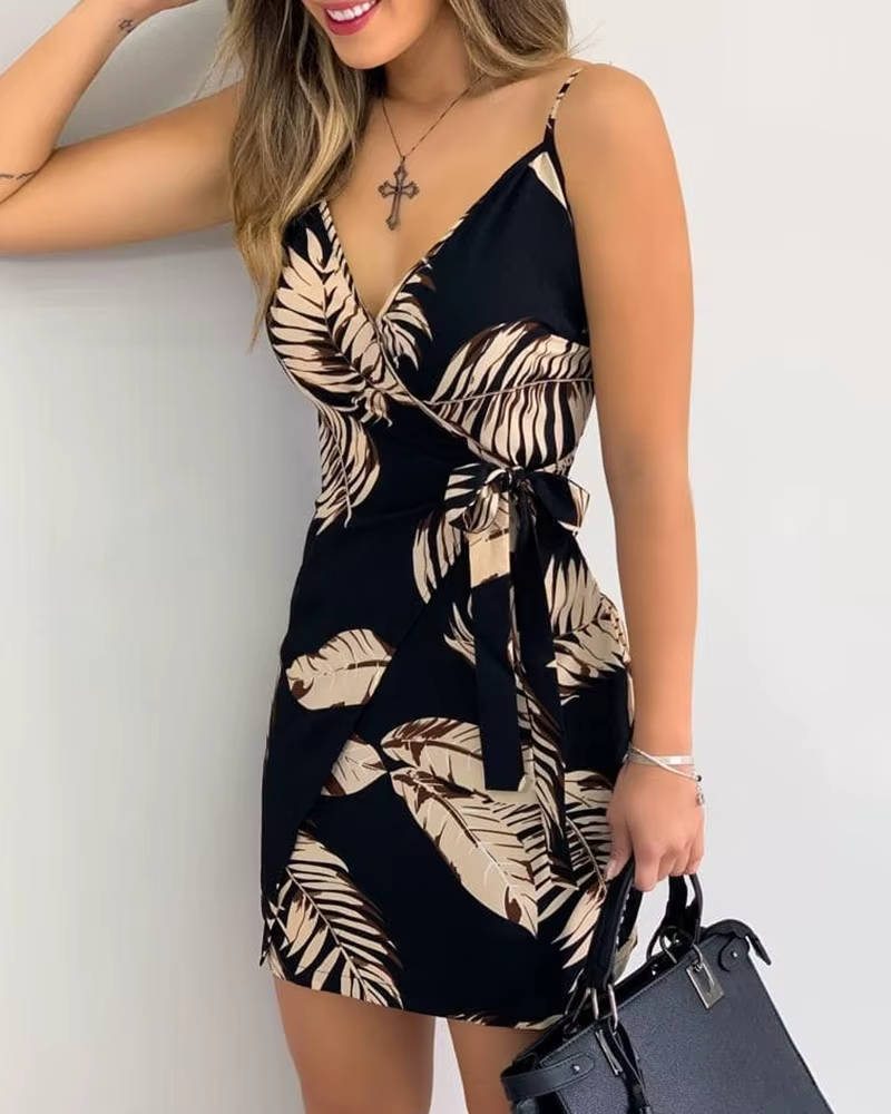 Vintage Tropical Print V-Neck Wrap Casual Sleeveless Holiday Mini Dress