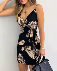 Vintage Tropical Print V-Neck Wrap Casual Sleeveless Holiday Mini Dress