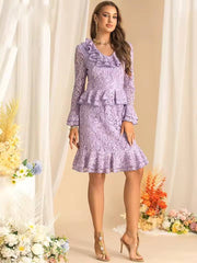 Vintage Flare Sleeved Lace Hollow Out Flounced Edge Midi Dress