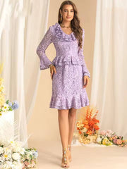Vintage Flare Sleeved Lace Hollow Out Flounced Edge Midi Dress
