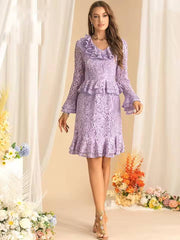 Vintage Flare Sleeved Lace Hollow Out Flounced Edge Midi Dress