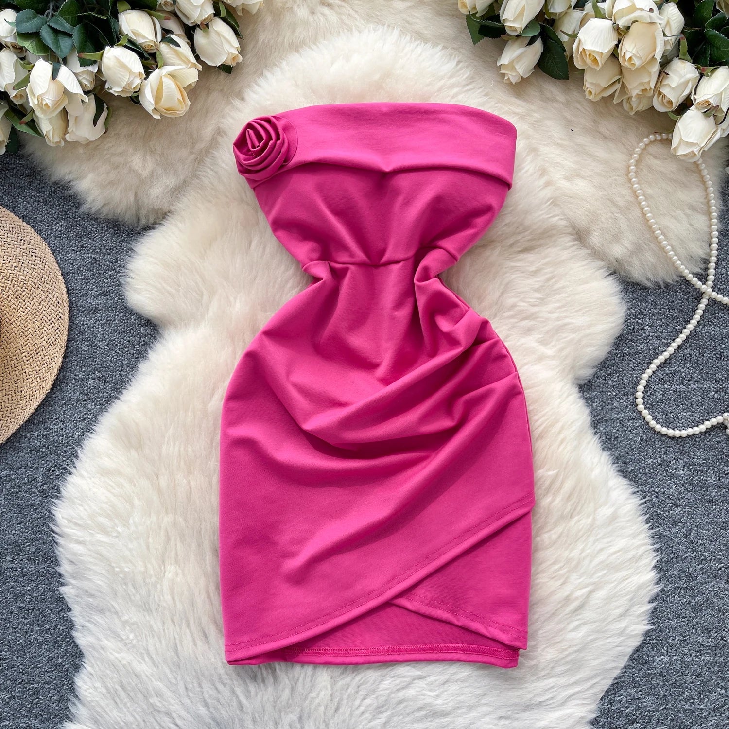 Vintage Floral Draped Strapless Solid Sleeveless Pencil Beach Bodycon Mini Dress