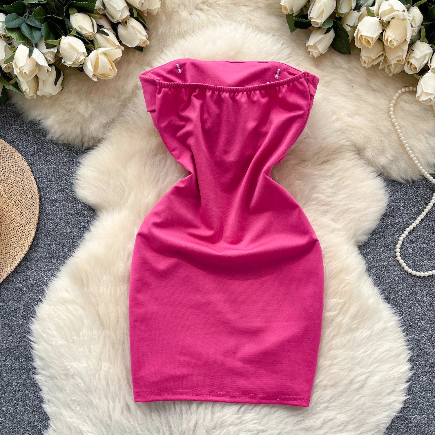 Vintage Floral Draped Strapless Solid Sleeveless Pencil Beach Bodycon Mini Dress