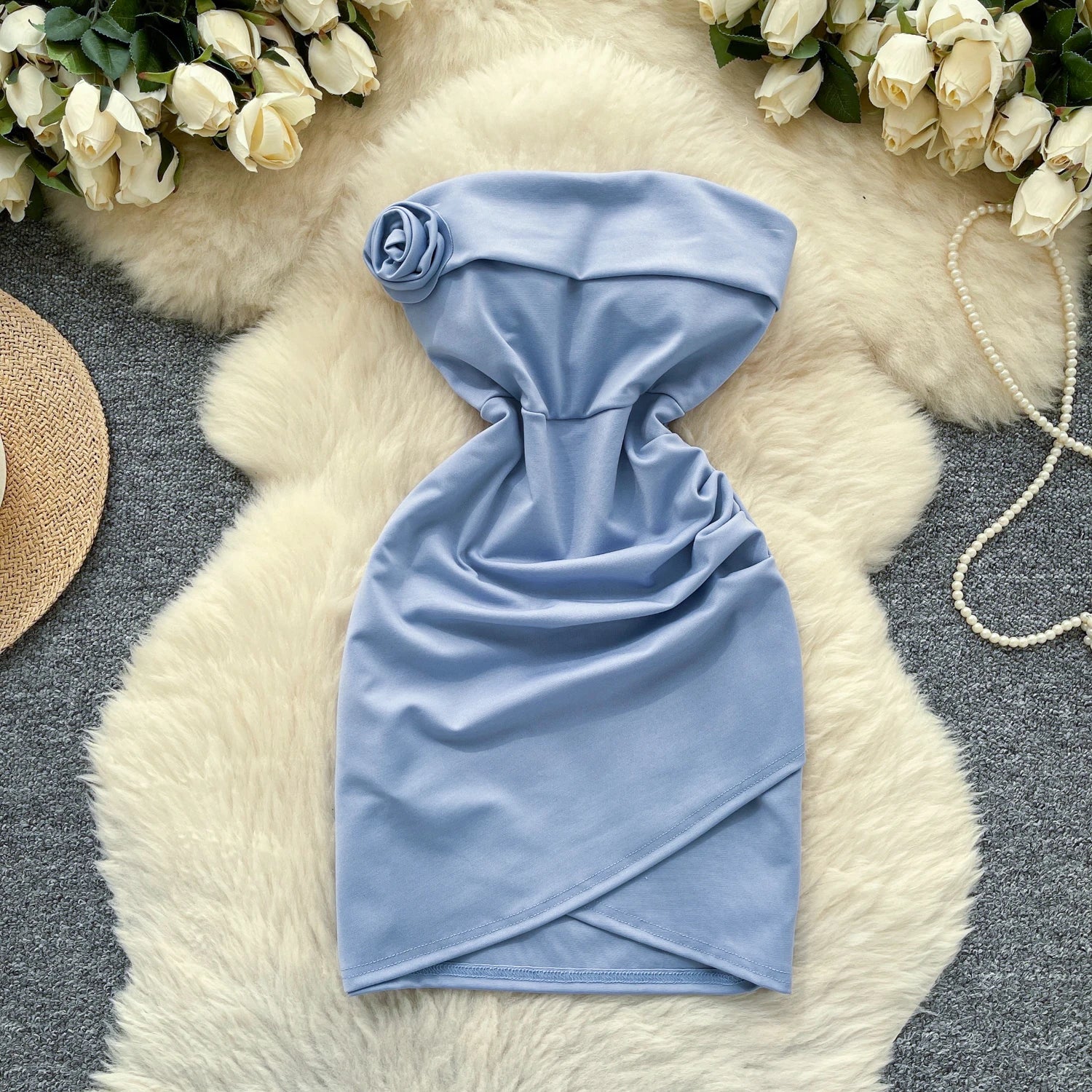 Vintage Floral Draped Strapless Solid Sleeveless Pencil Beach Bodycon Mini Dress