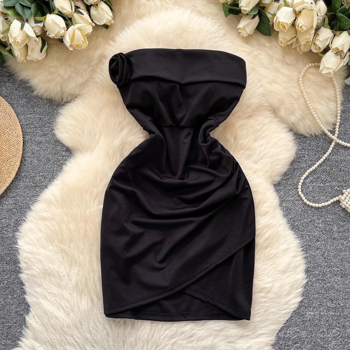 Vintage Floral Draped Strapless Solid Sleeveless Pencil Beach Bodycon Mini Dress