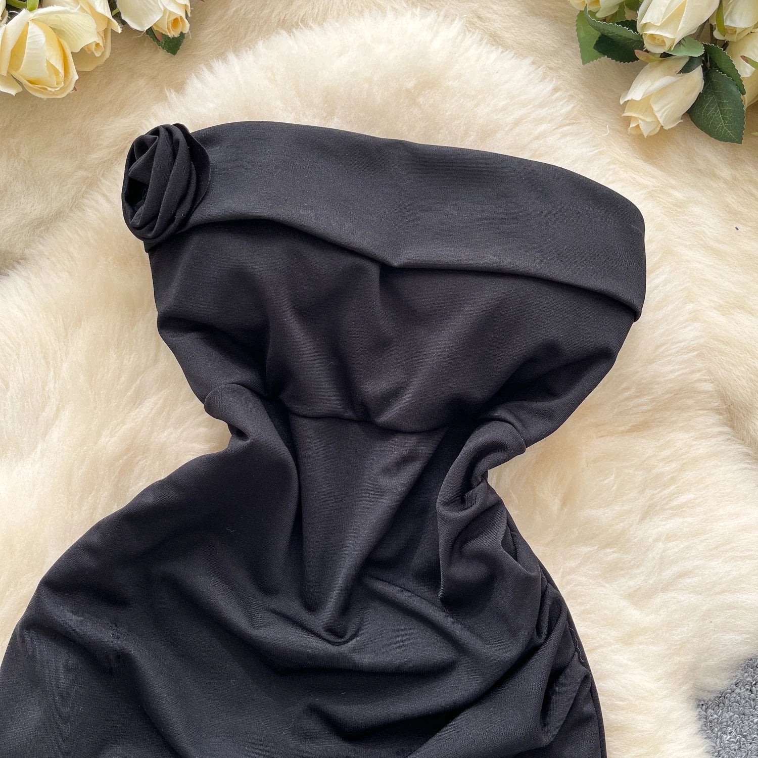 Vintage Floral Draped Strapless Solid Sleeveless Pencil Beach Bodycon Mini Dress