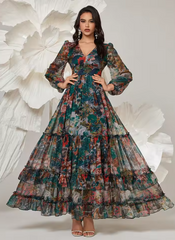 Vintage Floral Print Long Sleeve Ruffle V-Neck Casual Elegant Party Maxi Dresses